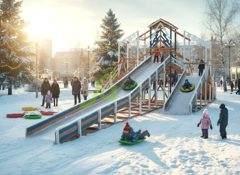 Зимняя деревянная горка "IgraGrad Snow Fox 12 м" с двумя скатами мод.6