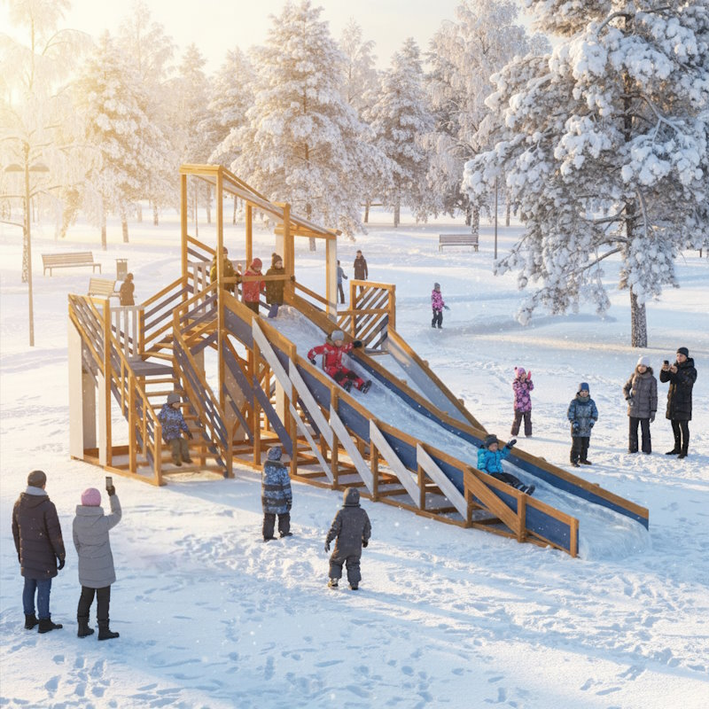 Зимняя деревянная горка "IgraGrad Snow Fox 12 м" с двумя скатами мод.624