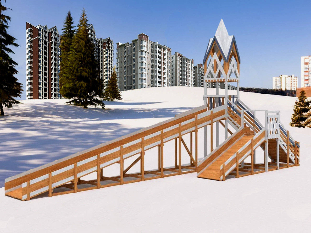 Зимняя деревянная горка "IgraGrad Snow Fox 12 м" с двумя скатами мод.124